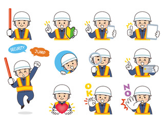 警備員の男性　バリエーション　初心者マーク　スマートフォン　タブレット　虫眼鏡　クレジットカード　ハート　OK　NO