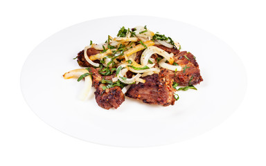 georgian cuisine - grilled pork shashlik on white plate isolated on white background