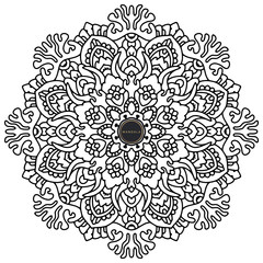 Mandala, tracery round boho doodle. Ethnic ornament, sketched symmetry. Folk, meditation design. Curved shape, isolated on white. Black and white art. Vector