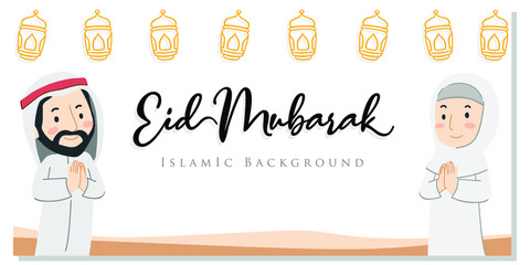 Happy eid mubarak with Arabian people character concept. Islamic design for Landing page templates, kids Book Illustration, Banners, Card Invitation, Poster and Social media