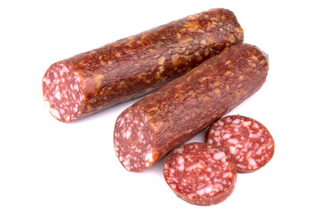 Smoked sausage salami isolated on a white background