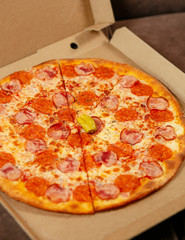 pizza with salami on a wooden table