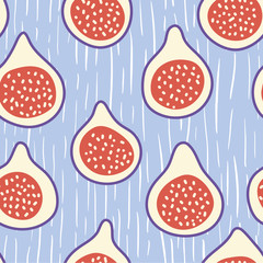 Seamless pattern with figs on blue linear background. Hand drawn vector illustration. Texture for print, textile, packaging, banner, wallpaper.