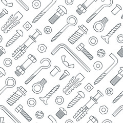 Fototapeta na wymiar Seamless pattern of fasteners. Bolts, screws, nuts, dowels and rivets in doodle style. Hand drawn building material. Black and white vector illustration on white background
