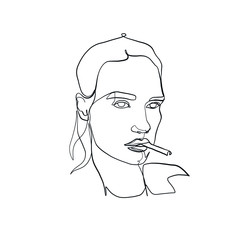Smoking woman. Beautiful face. One line continuous portrait. Unhealthy lifestyle.  Dangerous habit. Isolated female silhouette. 