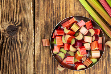 Freshly chopped Rhubarb (close up; selective focus)