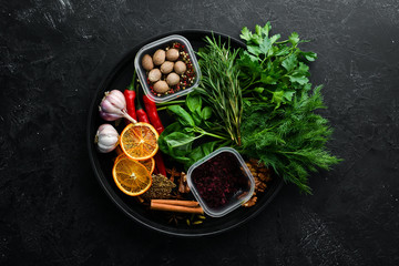 Background of cooking. Fresh vegetables and spices. Top view. Free copy space.