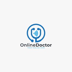 Doctor online virtual services logo design vector. Consultation to doctors via digital remote illustration symbol. Tele medicine service vector logo. Stethoscope and signal vector icons.