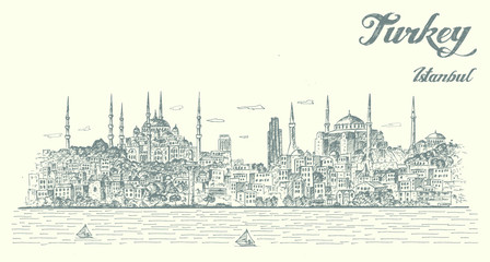 Istanbul city panorama. Hand drawn, isolated vector illustration.
