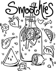 Smoothie in glass bottle with straws on white background