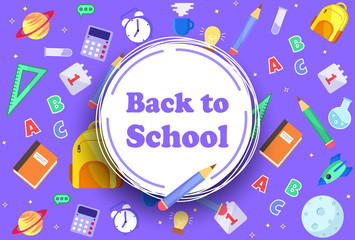 Fototapeta premium Back to School banner with icons of education, science objects and office supplies. Vector background.
