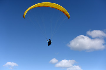 Paraglider flying over fields in sunny day. Paraglider in the blue sky.