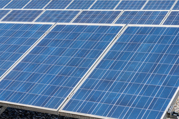 close up view of a row of modern solar panels on a flat rooftop