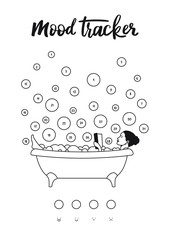 A4 print mood tracker for January, March, may, July, August, October or December. The girl takes a bath with a lot of bubbles. Tracker for tracking your daily mood for 31 days