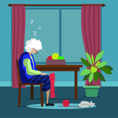 Fototapeta premium Old grandmother fell asleep knitting in front of the window in the room with the white cat. Vector flat illustration.