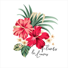 vector bouquet with tropical flowers. Hawaiian style floral arrangement, with beautiful hibiscus, palm, bird of paradise. Amazing vector illustrations, vintage style. Editable graphic elements.