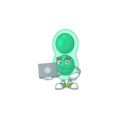 Diligent green streptococcus pneumoniae cartoon drawing concept working from home with laptop