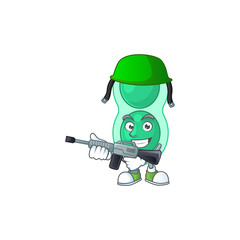 A mascot design picture of green streptococcus pneumoniae as a dedicated Army using automatic gun