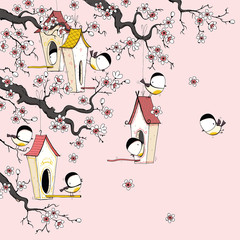 Tit birds in birdhouses on blossom sprinng cherry tree. Cartoon set. EPS10 vector file.
