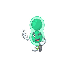 smiling green streptococcus pneumoniae cartoon mascot style with two fingers