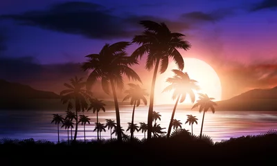 Fototapeten Night landscape with palm trees, against the backdrop of a neon sunset, stars. Silhouette coconut palm trees on beach at sunset. Vintage tone. Futuristic landscape. Neon palm tree. Tropical sunset. © MiaStendal
