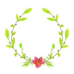 Watercolor wreath of bright spring greenery and a red flower in the center.