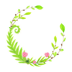 Festive watercolor wreath of fresh herbs, fern and clover.