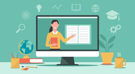 E-learning or online education, home school, woman teacher teaching on laptop computer screen, distance learning, online course concept, new normal, vector flat illustration