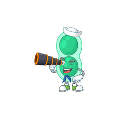 Fototapeta na wymiar cartoon picture of green streptococcus pneumoniae in Sailor character using a binocular