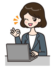 スーツの女性　パソコン　ポーズ