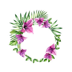 Watercolor floral wreath. Round frame and place for text. Purple bougainvillea flowers. Tropical banner template isolated on white for logo, wedding, card print - obrazy, fototapety, plakaty