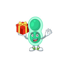 Green streptococcus pneumoniae cartoon mascot concept design with a red box of gift