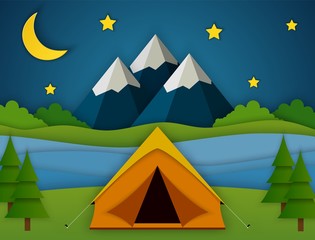 Paper cut summer night landsape. Landscape with yellow tent, forest and mountains on the background. Adventures in nature, vacation, and tourism vector illustration.