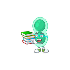 A mascot design of green streptococcus pneumoniae student having books