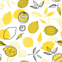Tropical seamless pattern with yellow lemons and lemon slices. Hand drawn lemons pattern on white background. Fruit repeated background. Vector bright print for fabric, wallpaper, design, party paper.