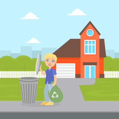Obraz na płótnie Canvas Cute Boy Standing with Trash Bag Near Garbage Container, Boy Throwing Garbage into Trash Bin, Child Doing Household Chores Vector Illustration