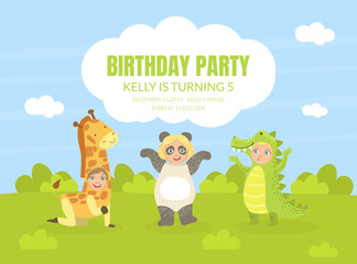 Birthday Party Banner, Festive Invitation Card, Poster, Background with Cute Kids in African Animals Costumes Vector Illustration