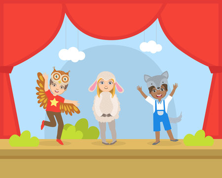 Cute Kids Actors Performing on Stage, Talented Children in Animals Costumes Showing their Artistic Talents Vector Illustration