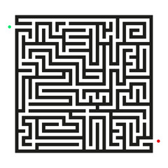 Black square vector maze isolated on white background. Black labyrinth with one right way. Vector maze icon. Labyrinth symbol. Kids puzzle