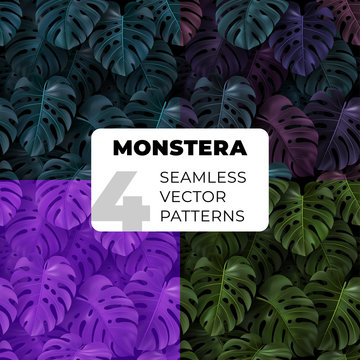 Set seamless vector pattern with green, dark color tropical leaves Monstera. Realistic texture for textile, hawaiian style, background, wallpaper, card, fabric, design. Exotic botanical template