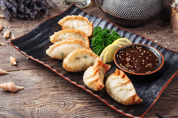 Fried japanese dumplings gedza sauce on the wooden table