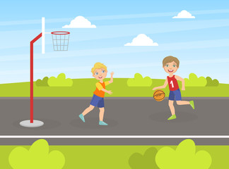 Obraz na płótnie Canvas Two Boys Playing Basketball on Playground, Children Walking and Having Fun on the Street Vector Illustration