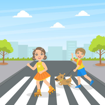 Cute Kids and Dog Using Cross Walk to Cross Street, Children Walking on the Street Vector Illustration