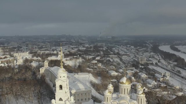 Aerial drone footage of Assumption Cathedral in Vladimir city at sunset. Sights of the Golden Ring of Russia