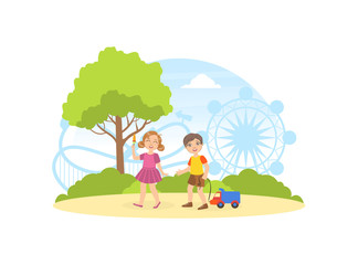 Obraz na płótnie Canvas Cute Children Walking and Playing in the Park, Summer Landscape with Carousels and Ferris Wheel Vector Illustration