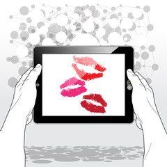 3 large red lip kisses from an online romantic admirer presented on a horizontally held Tablet PC screen.