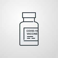 Símbolo vacuna. Icono plano lineal ampolla de vacuna con texto VACCINE COVID-19 en fondo gris