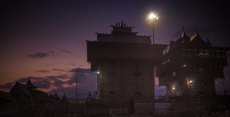 Bhima Kali temple in Sarahan, Himachal Pradesh, India, with mountains in the background