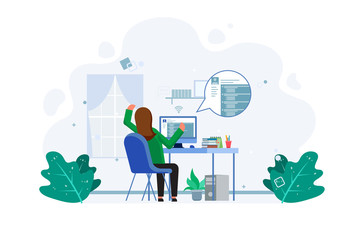 Student feel tired after  do online examination, e-learning concept. Business worker work from home. Male with computer illustration concept. Vector