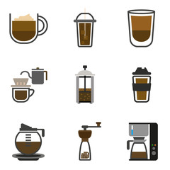 Icon set of fresh hot coffee brewed, cappuccino, latte, iced coffee, pressure brewed coffee, coffee water drip